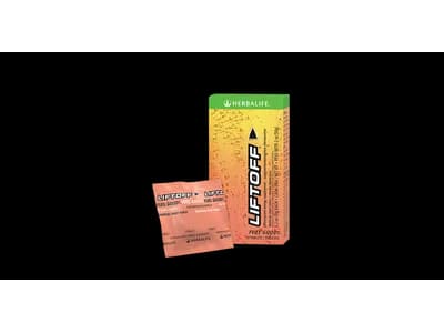 Official Herbalife Liftoff Tropical Fruit Force SKU 2696 used in a caffeine beverage comparison