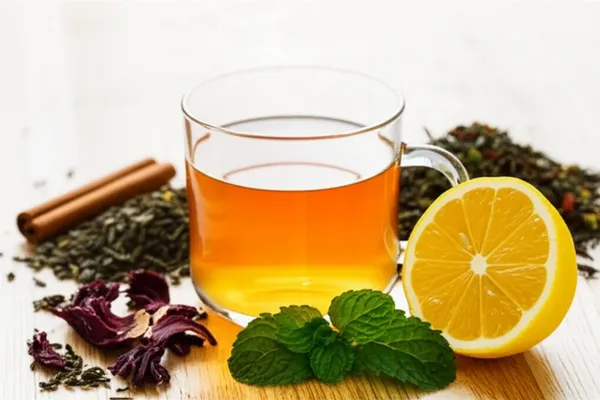 A warm cup of herbal tea with lemon, mint leaves, and green tea on a wooden table