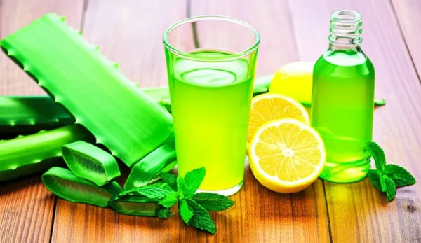 Glass of aloe vera water with fresh aloe leaves and lemon