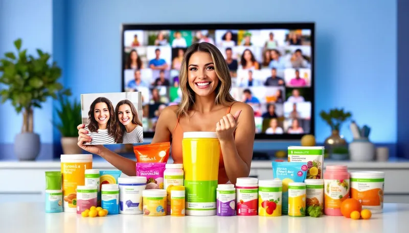 An assortment of Herbalife supplements arranged on a kitchen counter.
