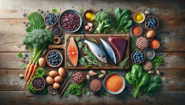 Top 10 most nutritious foods arranged on a wooden table including liver, salmon, kale, and eggs